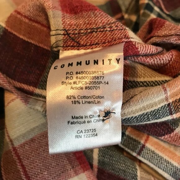 Community Plaid Button Down Cotton Linen Blend Shirt Size S - Picture 6 of 7